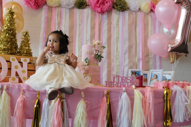 First Birthday pink gold and white